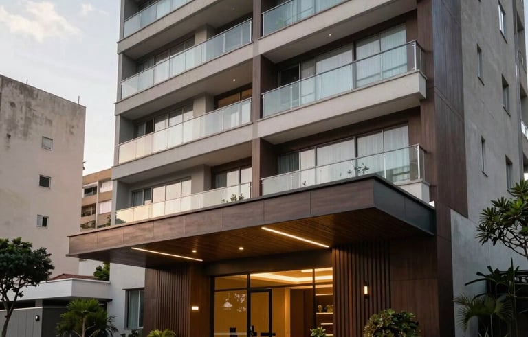 Exterior photography of a modern Brazilian apartment building entrance in a residential neighborhood of Belo Horizonte. Sophisticated architecture with dark brown and silver accents, clear glass railings, and professional landscaping under a soft afternoon sky.