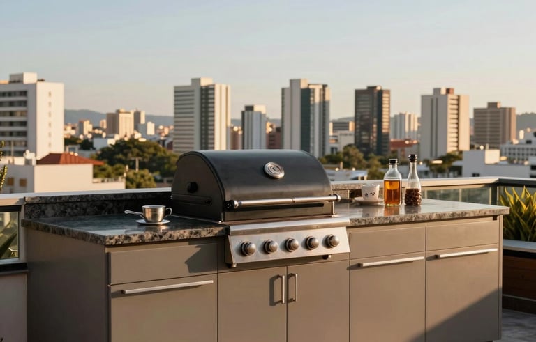 Photography of an outdoor rooftop gourmet area in a South American penthouse. Features a charcoal grill, elegant dark granite countertops, and taupe cabinetry. The background shows a clear view of the Belo Horizonte skyline during the golden hour.