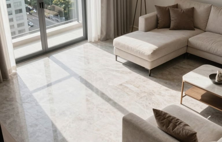 High-angle architectural photography of a bright, modern South American apartment living room in Belo Horizonte. Large windows showcase Brazilian sunlight, featuring polished light grey porcelain floors, sophisticated cream-colored furniture, and subtle taupe accents. The style is clean, professional, and inviting for a premium real estate listing.