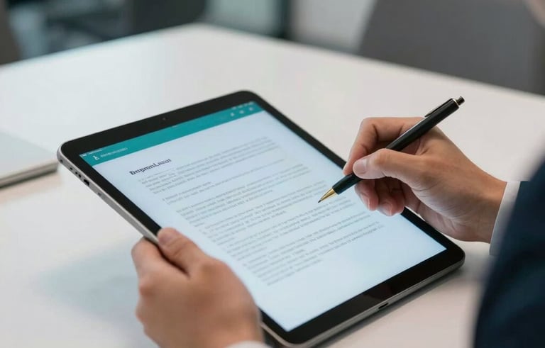 A person in a business suit in a modern European office using a tablet to electronically sign a document. Sharp focus on the screen, reflecting teal and light blue tones. Professional and secure environment.