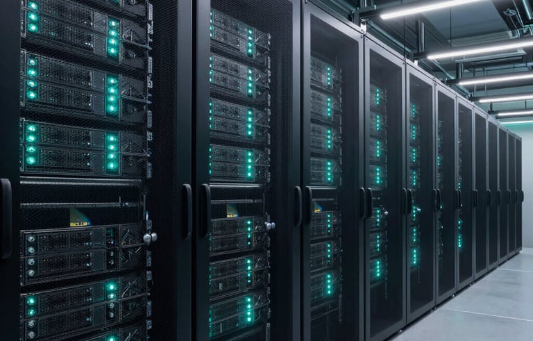 A high-tech European data center with rows of illuminated server racks. The lighting is dominated by dark navy and teal accents. Professional architectural photography style with a wide-angle perspective.