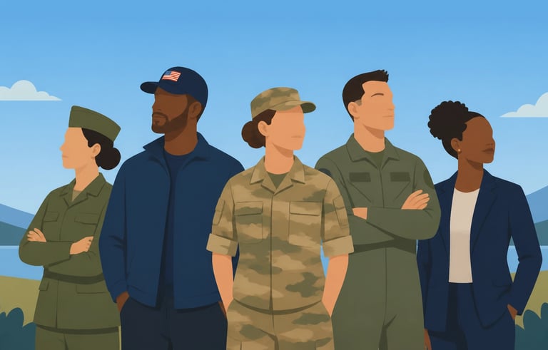 A flat-style vector illustration of a diverse group of veterans standing together in a respectful, m