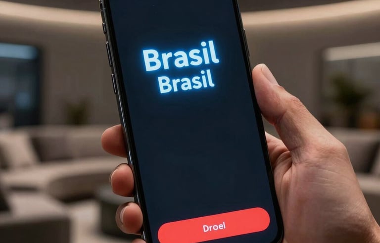 Close-up of a hand holding a bezel-less smartphone in a dimly lit, futuristic lounge in Brazil. The screen displays a premium mobile app with a dark minimalist UI, red buttons, and glowing blue text. Professional lighting.