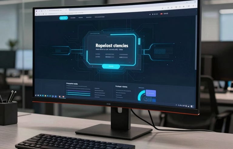 High-end professional workstation in a Brazilian tech office at night. A large curved monitor displays a futuristic website interface with a sleek dark theme and neon blue highlights. Minimalist surroundings with glass and brushed metal textures.