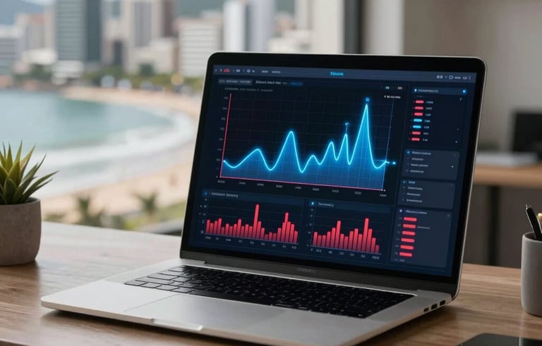 Modern home office in a Brazilian coastal city. A sleek laptop screen shows an advanced data analytics dashboard with glowing neon blue charts and deep red bars against a black interface. Cyberpunk aesthetic.