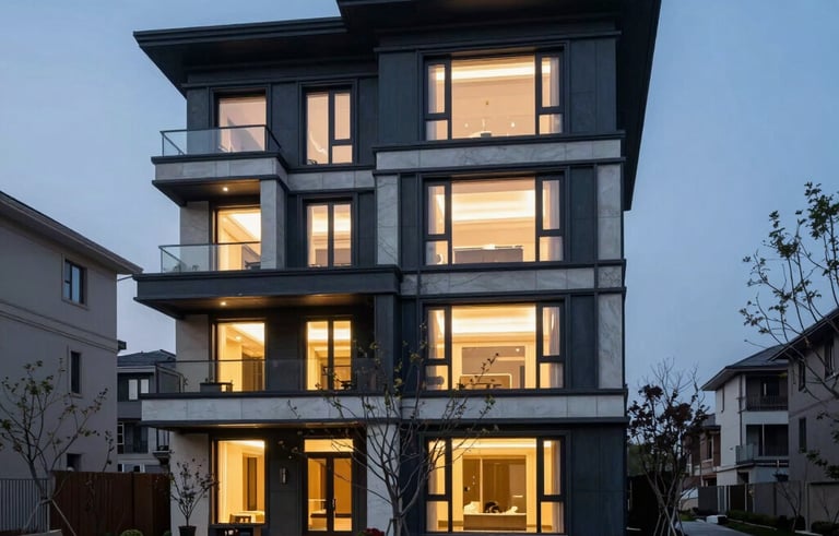 A high-end contemporary residential property in a North American neighborhood at dusk, featuring sleek architectural lines, warm interior lighting, and a manicured landscape, captured with professional architectural photography style using a palette of dark navy and soft blue.