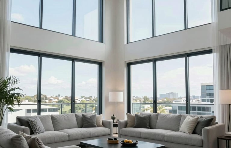 A bright, airy living room in a luxury Australian apartment being prepared for a professional photography session, minimalist design, high ceilings, large windows, using light blue and gray-white tones.