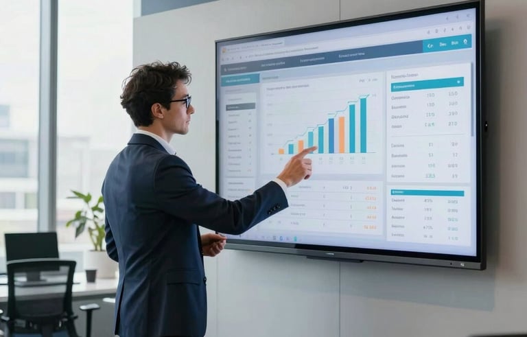 A professional real estate advisor in a modern Australian office setting analyzing data on a large screen, sophisticated environment with steel blue and white accents, bright natural daylight, clean composition.