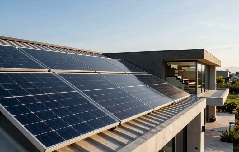 A row of modern, sleek solar panels installed on the roof of a contemporary South American villa under a bright blue sky, high-end architectural photography, warm natural lighting.