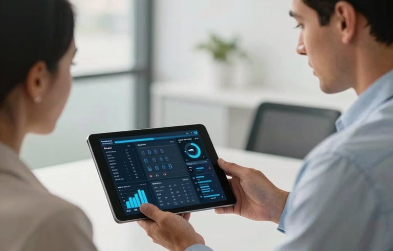 A professional energy consultant showing a digital dashboard on a tablet to a South American client in a modern, bright office, soft morning light, professional and trustworthy atmosphere.