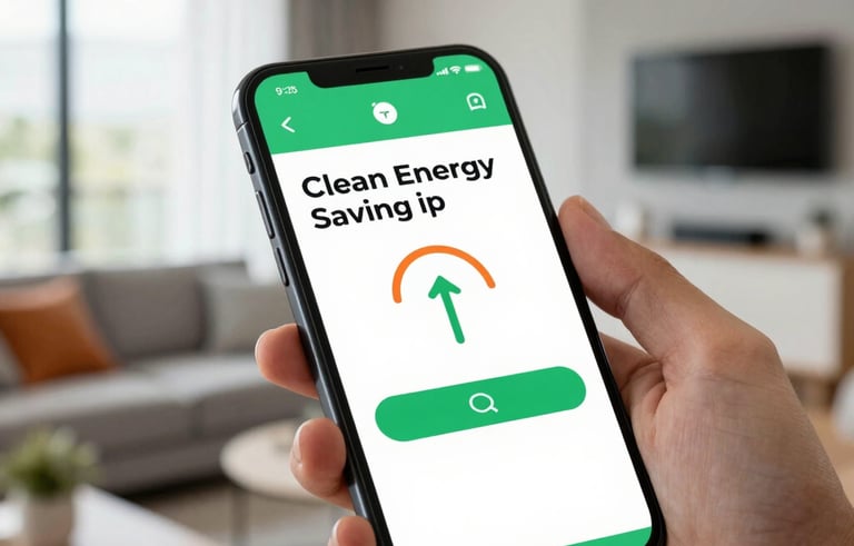 A close-up shot of a person holding a smartphone displaying a clean energy savings app, with a blurred modern Brazilian apartment living room in the background, light grey and orange accents.