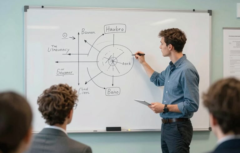 A focused brainstorming session in a modern office with Northern European design elements. Clean whiteboard with strategic diagrams. Professional atmosphere with light blue and pale green accents.