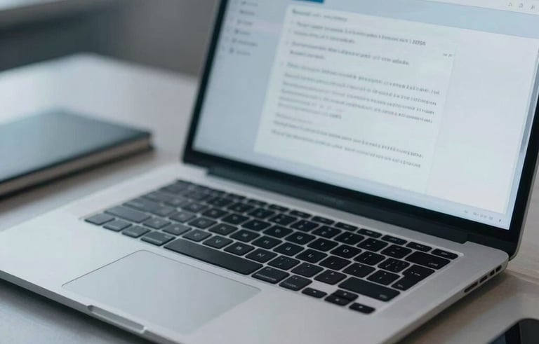 A close-up of a high-end digital workspace in a Baltic business hub. Strategic notes and a laptop screen displaying a clean interface. Soft medium blue and gray color palette.
