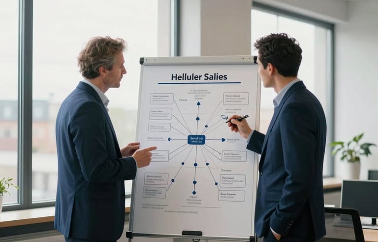 A professional strategy session in a minimalist Northern European office with large windows. A strategist and a client are looking at a clean sales roadmap. Natural lighting, palette of dark blue and off-white tones.