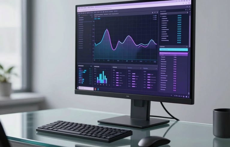 A high-end, minimal office space in North American / International style with a sleek glass desk and a high-resolution monitor displaying abstract analytical data. The lighting is cool with soft violet reflections, creating a professional and performance-oriented tech atmosphere.