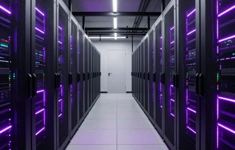 A wide-angle shot of a high-tech data center hallway with glowing purple light strips, representing global connectivity and performance marketing infrastructure. Minimalist, high-end, North American / International tech aesthetic.