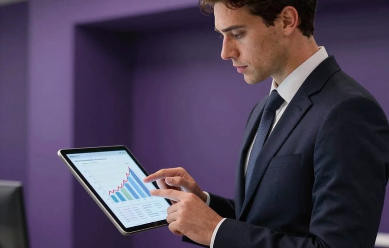 A focused professional in a modern North American / International corporate environment, looking at a tablet showing growth charts. The scene is elegant and minimal, featuring deep purple and violet accents in the background architecture.