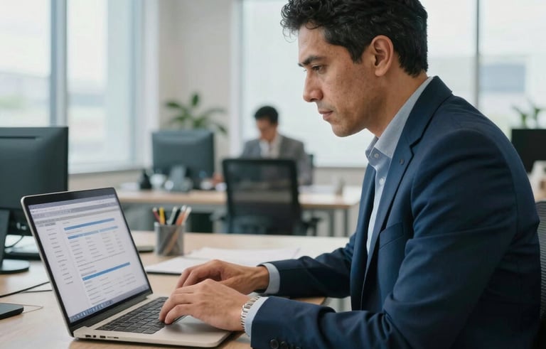A focused professional in a modern office in América Latina working on a laptop with a clean data management interface. The room is bright with natural light, featuring a palette of dark blue and pale blue accents, conveying reliability.