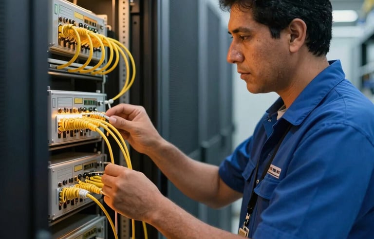 A professional telecommunications technician in América Latina inspecting fiber optic equipment in a clean, modern data center facility. The lighting is bright with golden amber and dark blue tones.