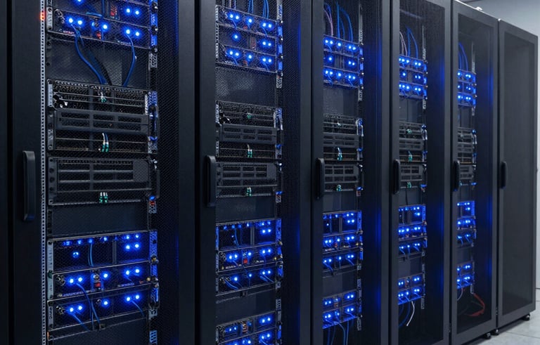A high-tech server room in América Latina with rows of network racks and blinking blue LED lights. The composition is a professional wide shot showing organized cabling and high-efficiency hardware.