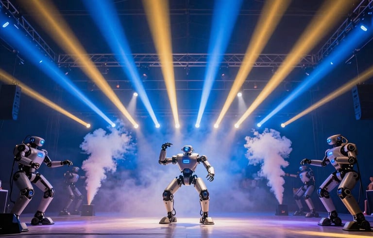 Wide shot of a dance floor illuminated by spectacular robotic lighting and special smoke effects. Vibrant electric blue and gold beams cutting through the haze. Spanish-speaking / Global context. Festive atmosphere.