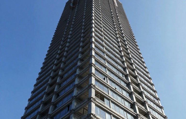A powerful low-angle perspective of a high-rise building under construction, featuring steel and glass structures against a bright blue sky. High-contrast, dynamic and professional industrial aesthetic.