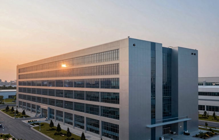 A sleek, industrial facility with clean lines and advanced utility infrastructure, situated within a professional corporate park. Sunset lighting, North American / International Business context, high-end architectural photography.