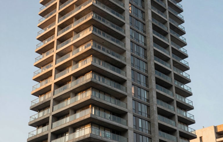 A high-end, modern apartment building exterior in a South American / Brazilian city, shot during golden hour with warm lighting reflecting off glass balconies, representing architectural excellence and reliability.