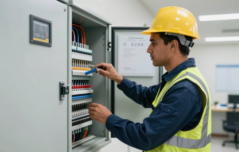 A South American / Brazilian building supervisor wearing professional attire, inspecting a modern electrical panel in a clean utility room of a high-rise building, representing diligent maintenance.