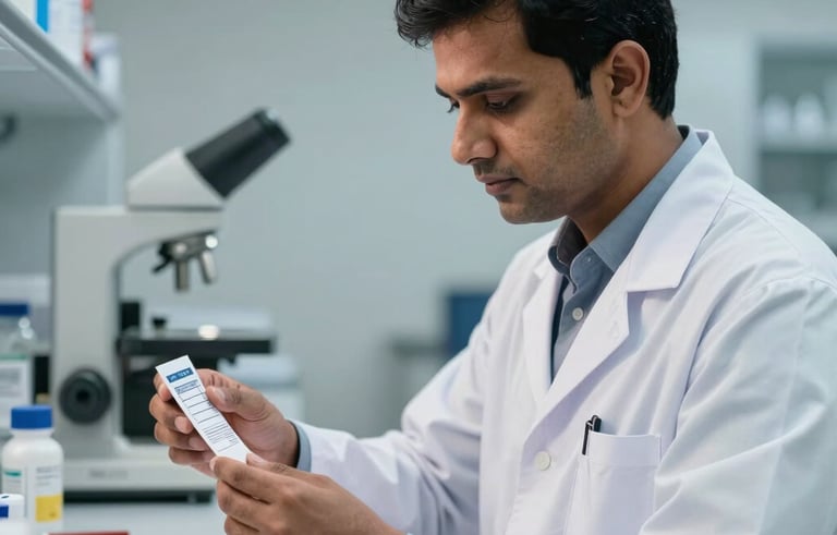 A professional South Asian / Indian quality assurance officer in a laboratory setting, checking medicine labels and documentation. The environment is modern, clean, and dominated by slate gray and soft white tones with professional lighting.