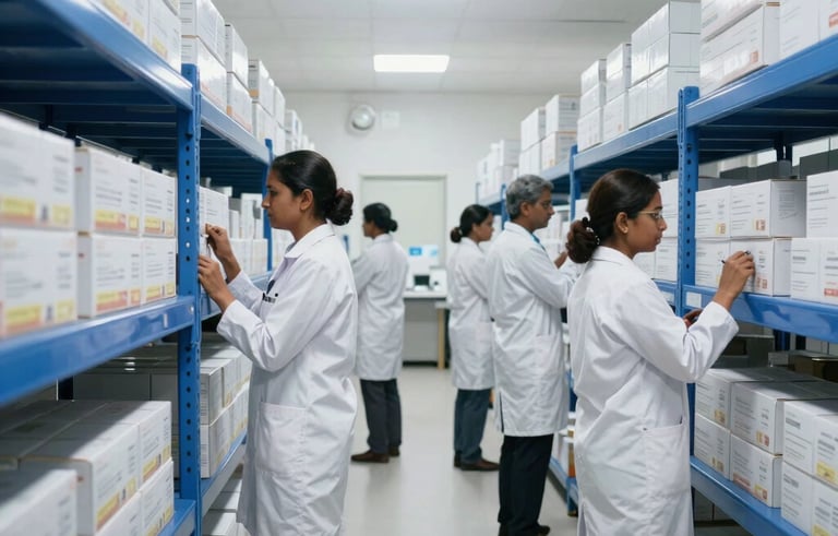 A wide-angle photography shot of a modern and clean pharmaceutical storage facility in Kolkata, India. South Asian / Indian professional staff in white coats are inspecting stacked boxes on high-quality shelving. The lighting is bright soft white and royal blue, creating a sterile and trustworthy atmosphere.