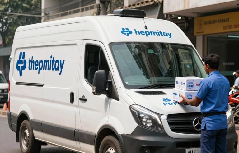 A sleek, professional white pharmaceutical delivery van with medical branding on a modern urban street in Kolkata, India. Daylight photography featuring South Asian / Indian logistics staff in blue uniforms handling medicine crates safely.