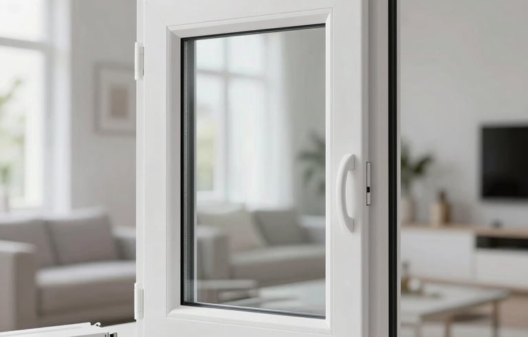 Professional photography of high-quality white PVC window frames installed in a bright, modern living room in Bulgaria. Minimalist interior design, soft daylight coming through the glass, clean white and light gray tones, sharp architectural focus.