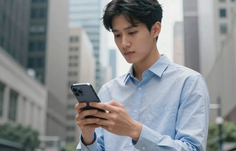 Photography of a young professional in a North American city center, holding a modern smartphone, natural daylight, soft bokeh, sophisticated urban atmosphere, with colors reflecting blue and light gray palette.