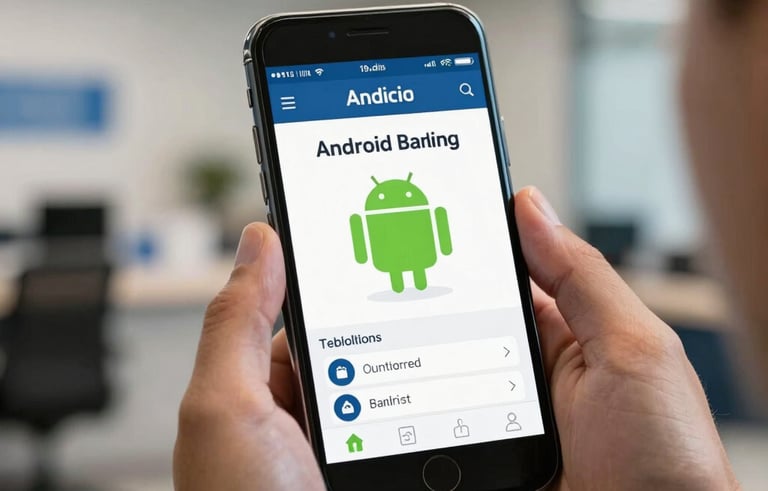 Close-up photography of a smartphone held in hands, displaying a sleek Android banking interface, North American corporate setting background, bright professional lighting.