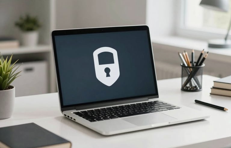 A clean, modern home office interior in the US, featuring a laptop and organized desk, bright and airy lighting, conveys professional security and peace of mind.