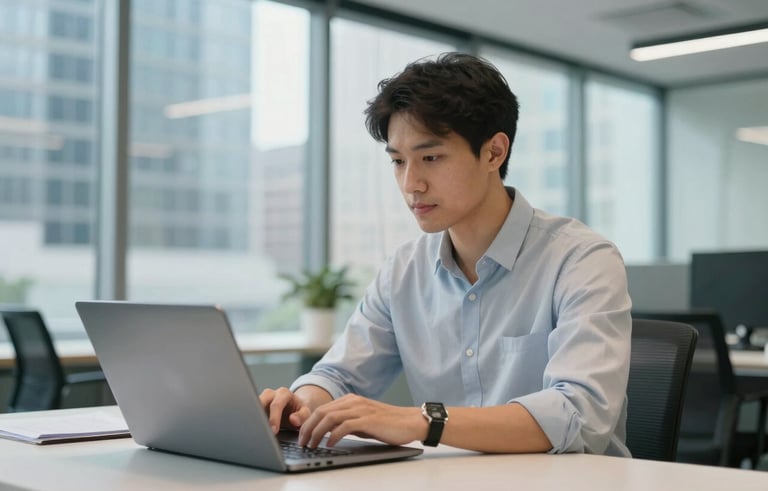 A modern, professional individual working in a bright, glass-walled office in a North American city, using a laptop with subtle Sky Blue and Off-white lighting, conveying a tech-forward educational atmosphere.