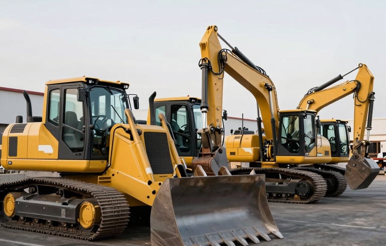 A row of clean, professional heavy construction machinery, including a bulldozer and a backhoe in yellow and black colors. They are parked in an organized North American / Mexican industrial lot. The composition is clean and architectural, emphasizing reliability and readiness.