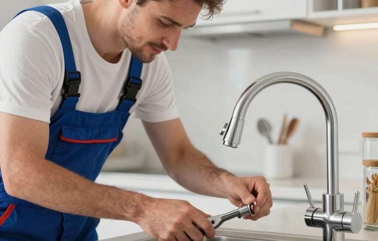 A professional plumber in a clean uniform using high-quality tools to repair a modern kitchen sink faucet. The scene is bright and professional, set in a contemporary Western European / French kitchen with soft natural light.