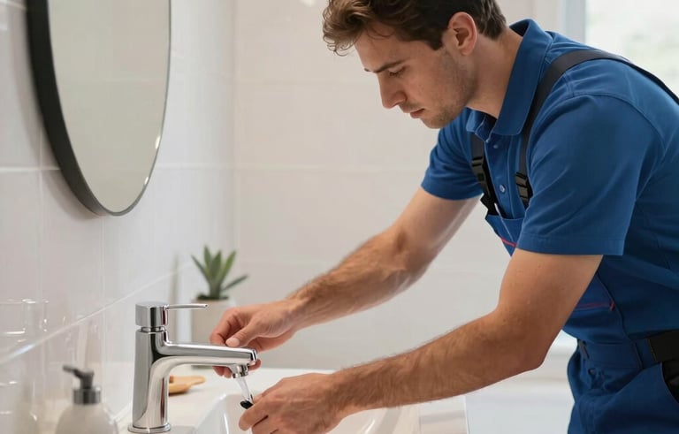 A wide shot of a master plumber installing a sleek, modern bathroom vanity and faucet. High-end ceramics, professional attitude, bright bathroom with tiles, Western European / French home style.