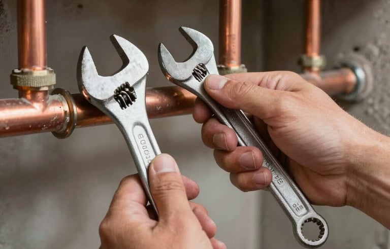 Close-up of a plumber's hands holding a wrench on a copper pipe system in a basement. Professional tools, technical expertise, clean environment, Western European / French infrastructure.