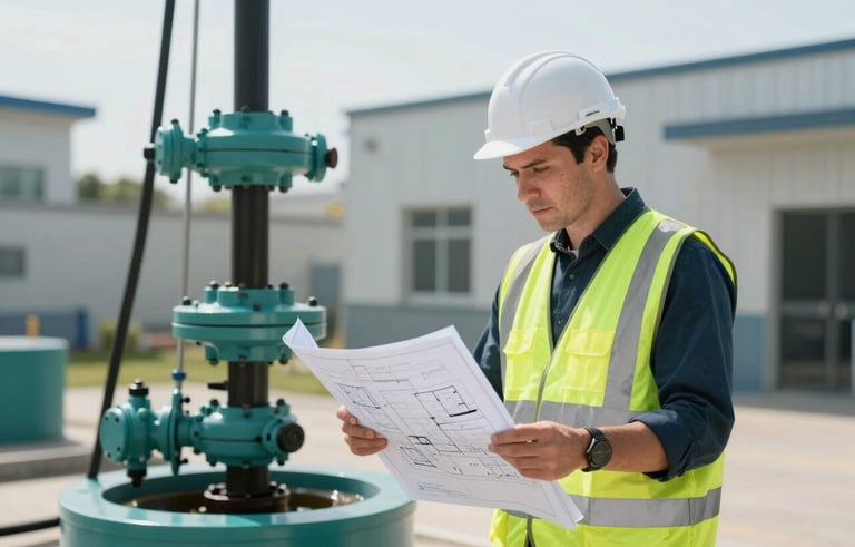 A professional water engineer in a high-visibility vest reviewing a technical blueprint next to a modern borehole abstraction system, International / Professional setting, bright daylight, clean and modern composition with accents of muted teal and dark teal.
