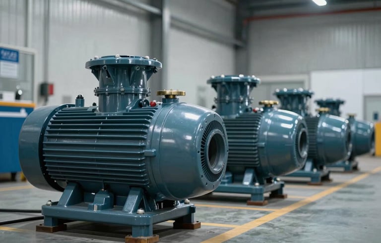 A row of high-performance industrial water pumps in a pristine, modern warehouse environment, International / Professional standard, soft lighting reflecting off metal surfaces with dark teal and light grayish blue accents.