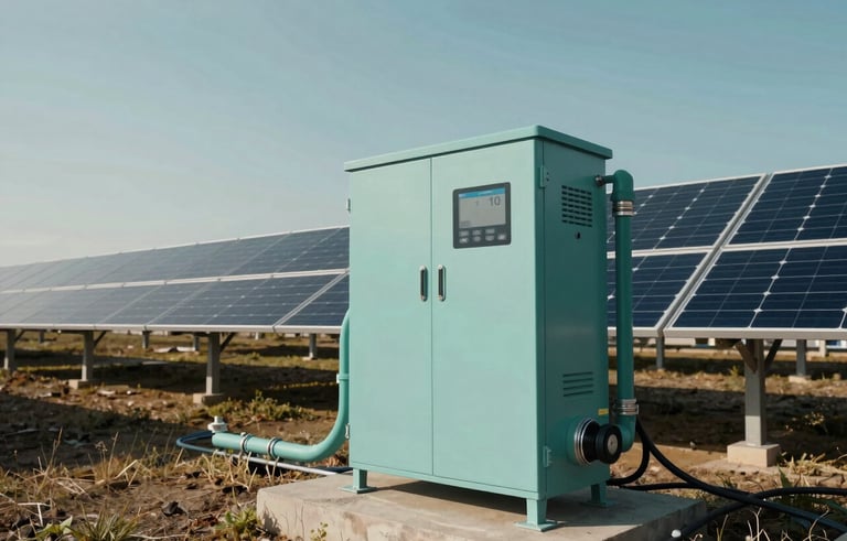 A clean, wide-angle shot of high-efficiency solar panels connected to a water pumping station in an International / Professional off-grid environment, bright clear sky, showcasing sustainable technology in muted teal and light grayish blue tones.