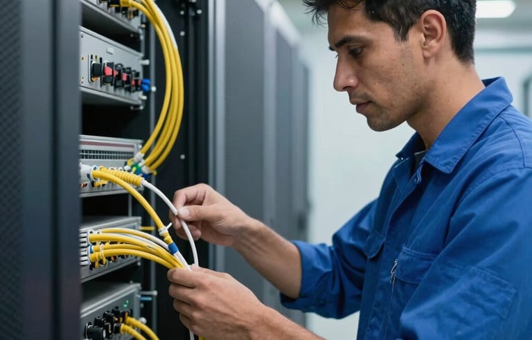 A professional South American technician in a blue uniform inspecting fiber optic cables in a modern, clean server room with soft blue and white lighting, conveying efficiency and expertise.