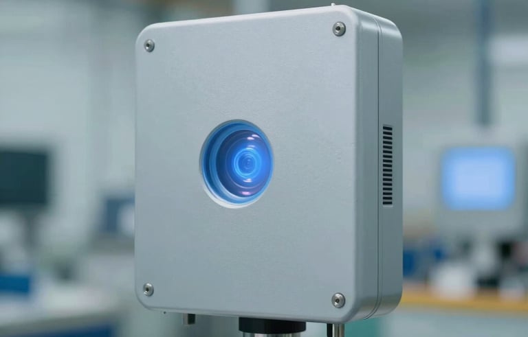 A high-tech IoT sensor mounted on industrial equipment in a Brazilian production plant. Sharp focus, clean composition, using a palette of light grays and blues.