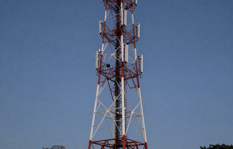 A majestic telecommunications tower standing tall against a clear twilight sky in a South American landscape, illuminated by subtle ground lights, sharp and professional style.