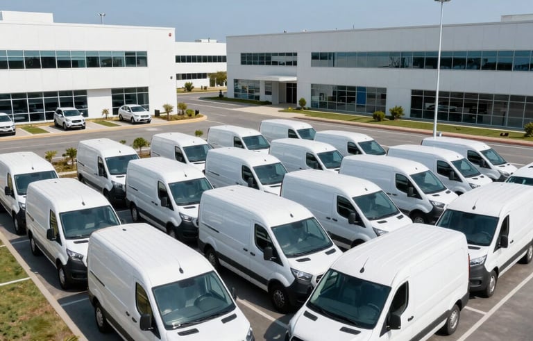 A high-angle photograph of a fleet of white service vans organized neatly in a modern North American business park. The scene is bright and professional, under clear blue skies, conveying efficiency, connectivity, and fleet management excellence.