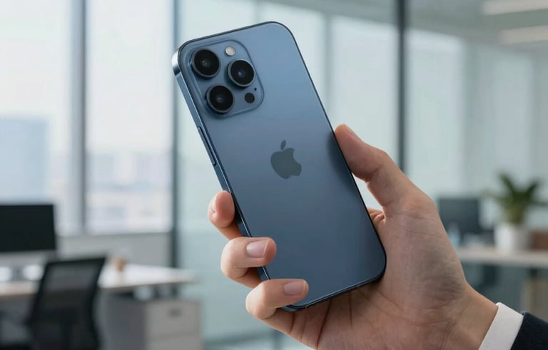A sharp, close-up photograph of a professional in a modern North American office setting using a high-end smartphone. The background is softly blurred with cool blue and slate tones from a clean glass-walled workspace. Natural morning light creates a clean, professional atmosphere.