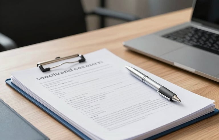 A professional desk setup in a bright South American office, high-quality pens and organized documents on a light wood desk, natural light, slate blue accents, professional photography.